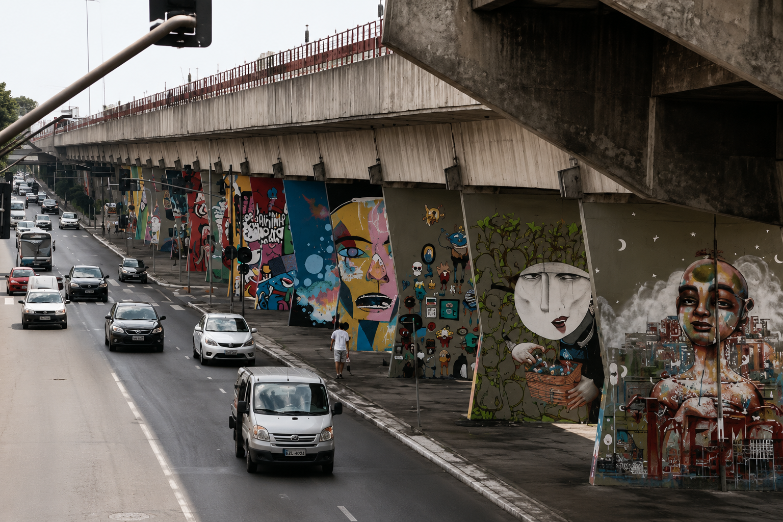 Mural de grafite embaixo do elevado, personagens coloridos